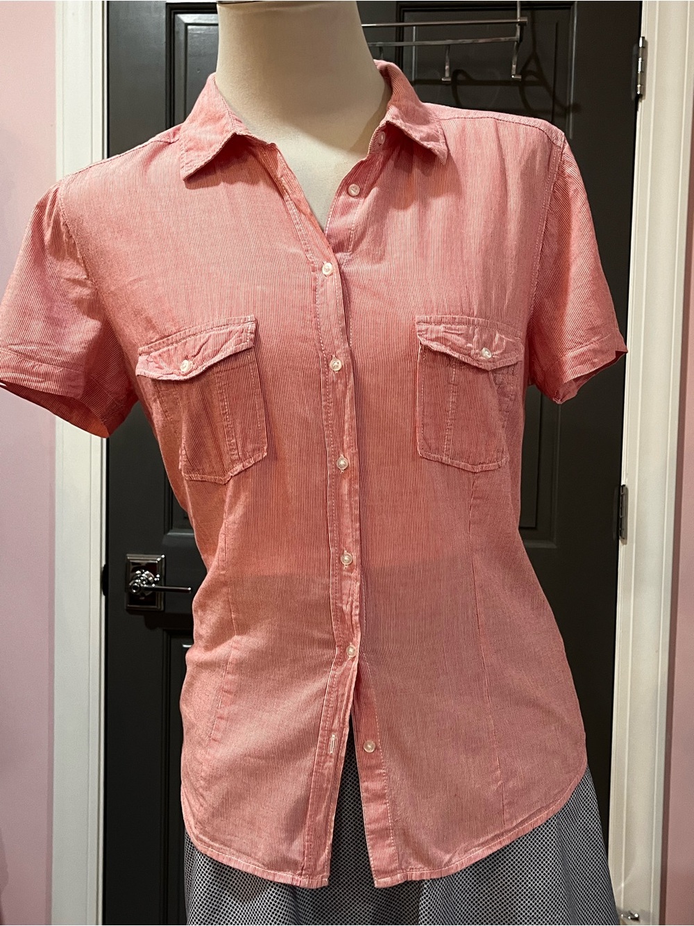 Red and White Stripe Short-Sleeve Button-Down Shirt